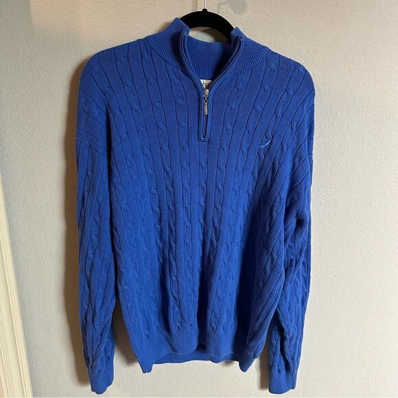 carraig donn Sweaters - Irish Woven Carraig Don | L | cobalt cableknit quarter zip sweater carraigdon